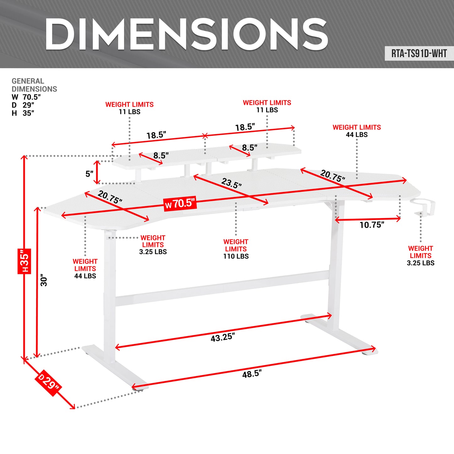 Techni Sport TS911D Gaming Desk with Shelves & Accessory Holder, White