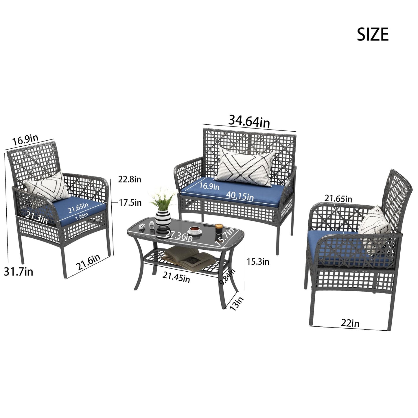 4 Pieces Outdoor Patio Furniture Set,PE Rattan Wicker Garden Conversation Chairs with Tempered Glass Table and Soft Cushions for Backyard Pool or Lawn
