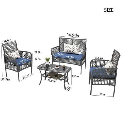 4 Pieces Outdoor Patio Furniture Set,PE Rattan Wicker Garden Conversation Chairs with Tempered Glass Table and Soft Cushions for Backyard Pool or Lawn