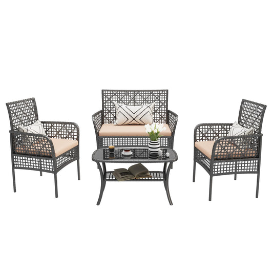4 Pieces Outdoor Patio Furniture Set,PE Rattan Wicker Garden Conversation Chairs with Tempered Glass Table and Soft Cushions for Backyard Pool or Lawn