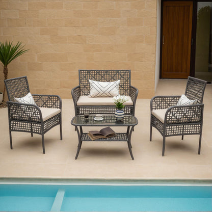 4 Pieces Outdoor Patio Furniture Set,PE Rattan Wicker Garden Conversation Chairs with Tempered Glass Table and Soft Cushions for Backyard Pool or Lawn