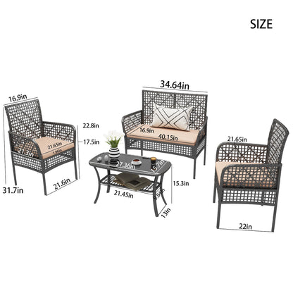 4 Pieces Outdoor Patio Furniture Set,PE Rattan Wicker Garden Conversation Chairs with Tempered Glass Table and Soft Cushions for Backyard Pool or Lawn