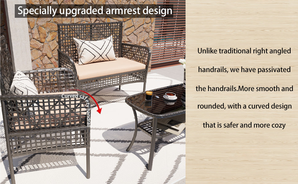 4 Pieces Outdoor Patio Furniture Set,PE Rattan Wicker Garden Conversation Chairs with Tempered Glass Table and Soft Cushions for Backyard Pool or Lawn