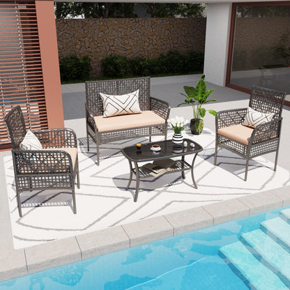 4 Pieces Outdoor Patio Furniture Set,PE Rattan Wicker Garden Conversation Chairs with Tempered Glass Table and Soft Cushions for Backyard Pool or Lawn
