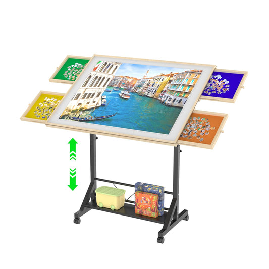 Wooden 1500 Piece Puzzle Table with Drawer, 35"*27.17" Adjustable Puzzle Table, 360° Tilting Puzzle Table with Legs and Wheels, Adjustable Height and Angle, with Protective Cover (PRIME BIG DEAL DAYS)