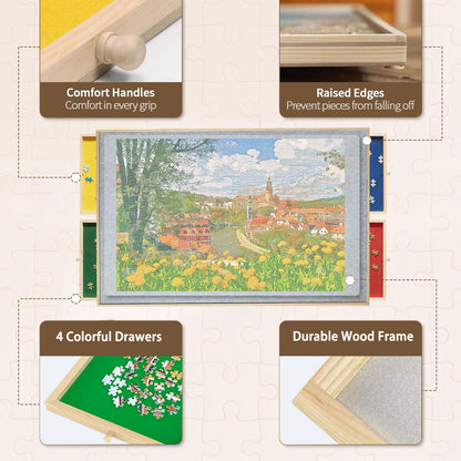 Wooden 1500 Piece Puzzle Table with Drawer, 35"*27.17" Adjustable Puzzle Table, 360° Tilting Puzzle Table with Legs and Wheels, Adjustable Height and Angle, with Protective Cover (PRIME BIG DEAL DAYS)