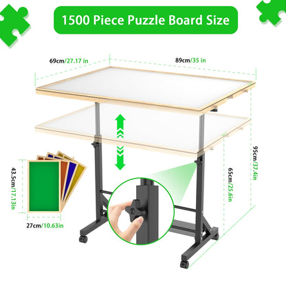 Wooden 1500 Piece Puzzle Table with Drawer, 35"*27.17" Adjustable Puzzle Table, 360° Tilting Puzzle Table with Legs and Wheels, Adjustable Height and Angle, with Protective Cover (PRIME BIG DEAL DAYS)