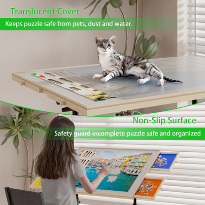 Wooden 1500 Piece Puzzle Table with Drawer, 35"*27.17" Adjustable Puzzle Table, 360° Tilting Puzzle Table with Legs and Wheels, Adjustable Height and Angle, with Protective Cover (PRIME BIG DEAL DAYS)