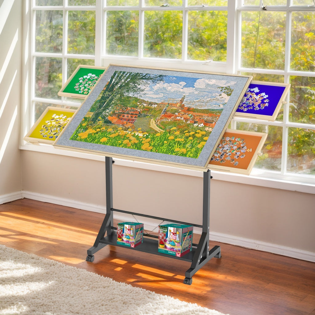 Wooden 1500 Piece Puzzle Table with Drawer, 35"*27.17" Adjustable Puzzle Table, 360° Tilting Puzzle Table with Legs and Wheels, Adjustable Height and Angle, with Protective Cover (PRIME BIG DEAL DAYS)