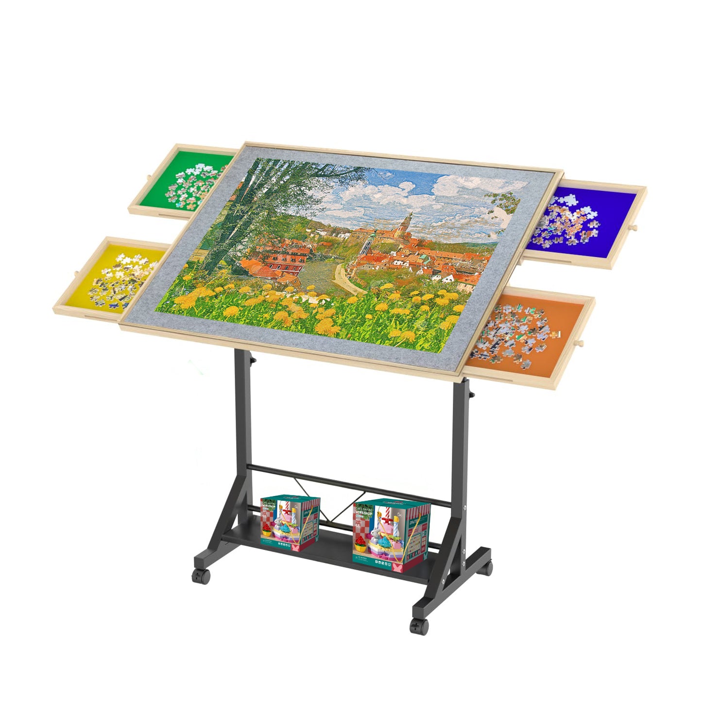 Wooden 1500 Piece Puzzle Table with Drawer, 35"*27.17" Adjustable Puzzle Table, 360° Tilting Puzzle Table with Legs and Wheels, Adjustable Height and Angle, with Protective Cover (PRIME BIG DEAL DAYS)