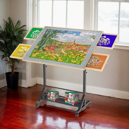 Wooden 1500 Piece Puzzle Table with Drawer, 35"*27.17" Adjustable Puzzle Table, 360° Tilting Puzzle Table with Legs and Wheels, Adjustable Height and Angle, with Protective Cover (PRIME BIG DEAL DAYS)