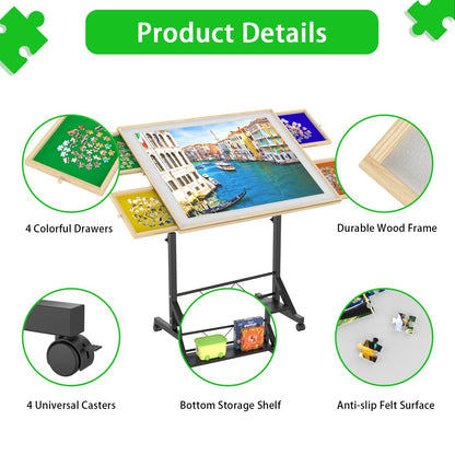 Wooden 1500 Piece Puzzle Table with Drawer, 35"*27.17" Adjustable Puzzle Table, 360° Tilting Puzzle Table with Legs and Wheels, Adjustable Height and Angle, with Protective Cover (PRIME BIG DEAL DAYS)