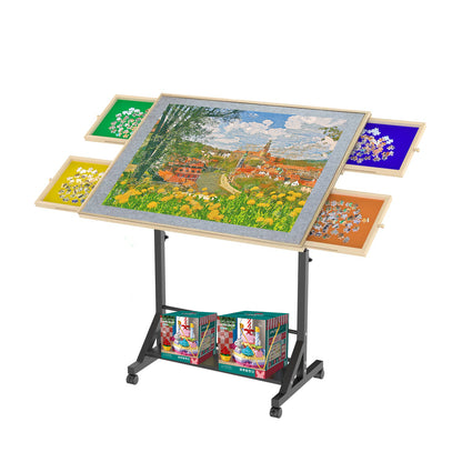 Wooden 1500 Piece Puzzle Table with Drawer, 35"*27.17" Adjustable Puzzle Table, 360° Tilting Puzzle Table with Legs and Wheels, Adjustable Height and Angle, with Protective Cover (PRIME BIG DEAL DAYS)