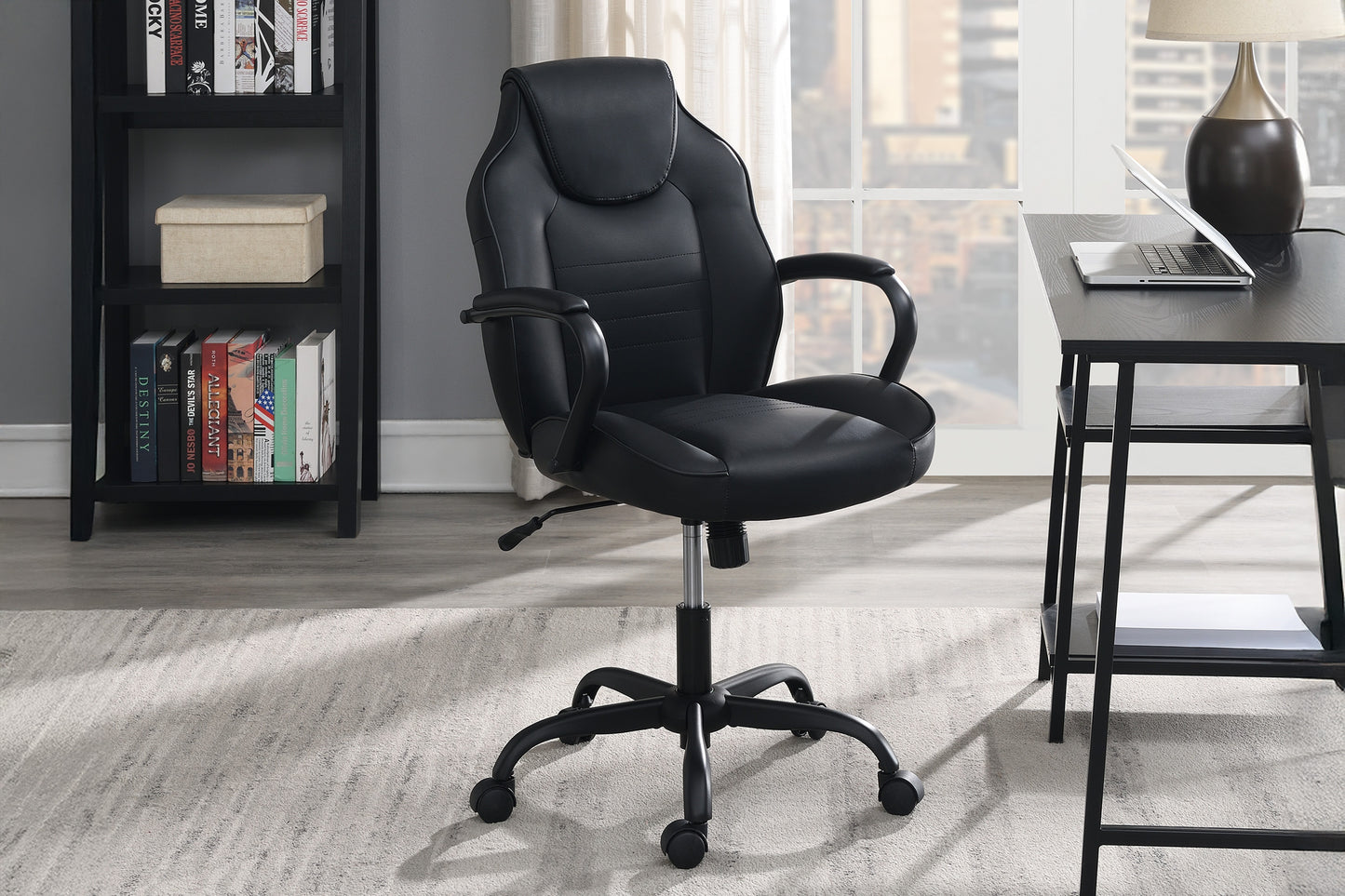 Gaming And Office Chair Black Faux Leather 1pc Chairs Casters Plush Padded Chair w Arms Comfortable Chair
