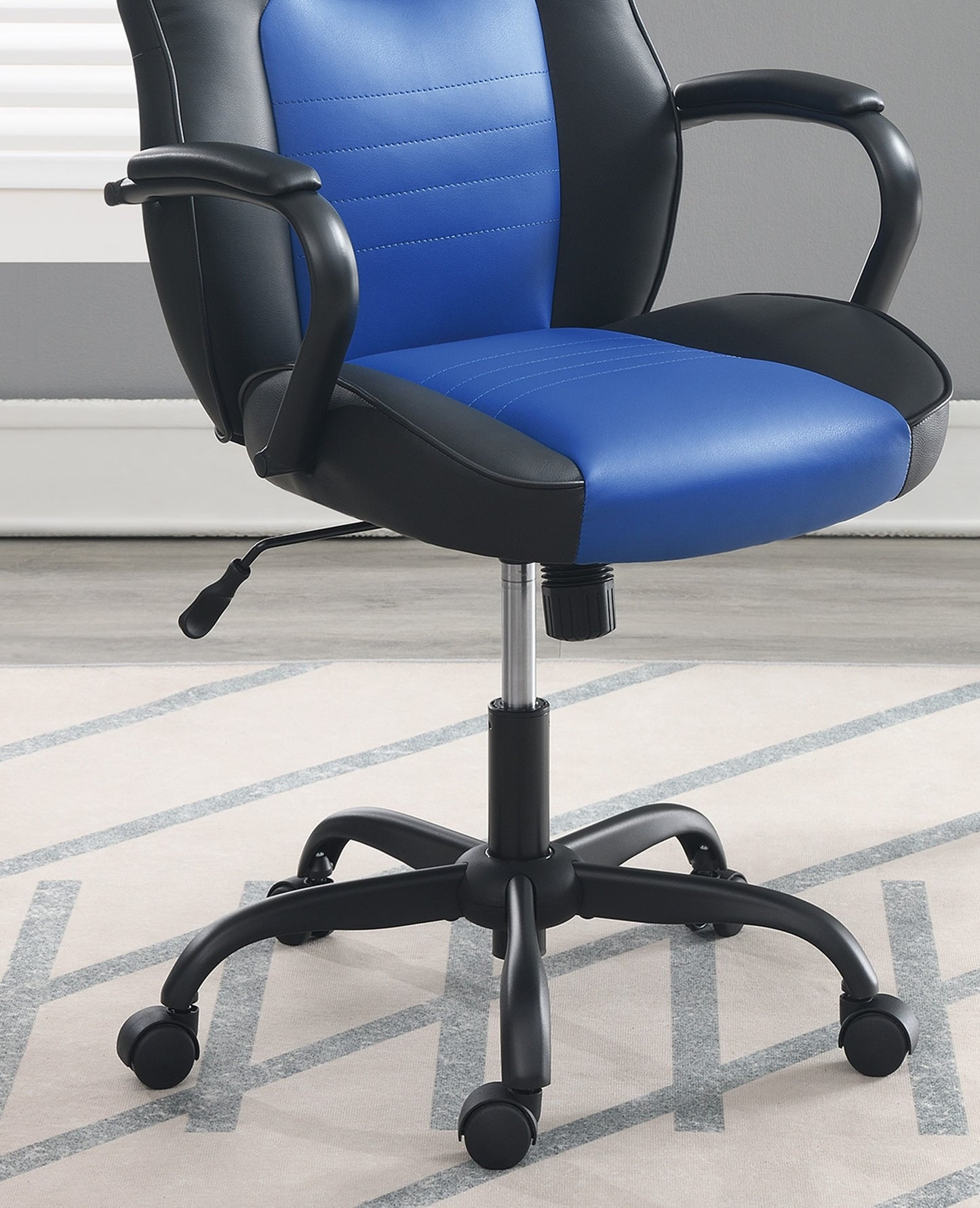 Gaming Office Chair Blue And Black Faux Leather 1pc Chairs Casters Plush Padded Chair w Arms Comfortable Modern Stylish