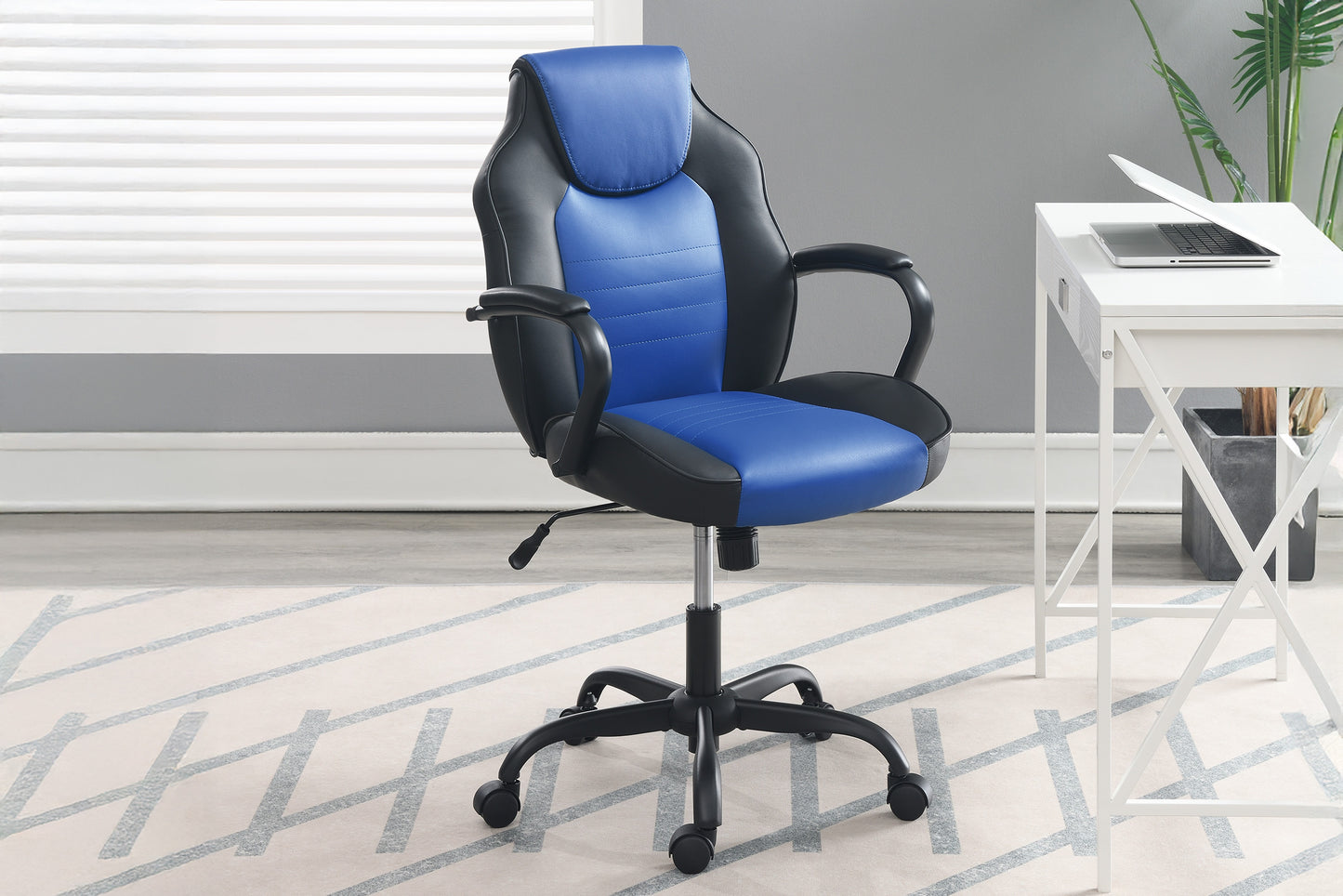 Gaming Office Chair Blue And Black Faux Leather 1pc Chairs Casters Plush Padded Chair w Arms Comfortable Modern Stylish