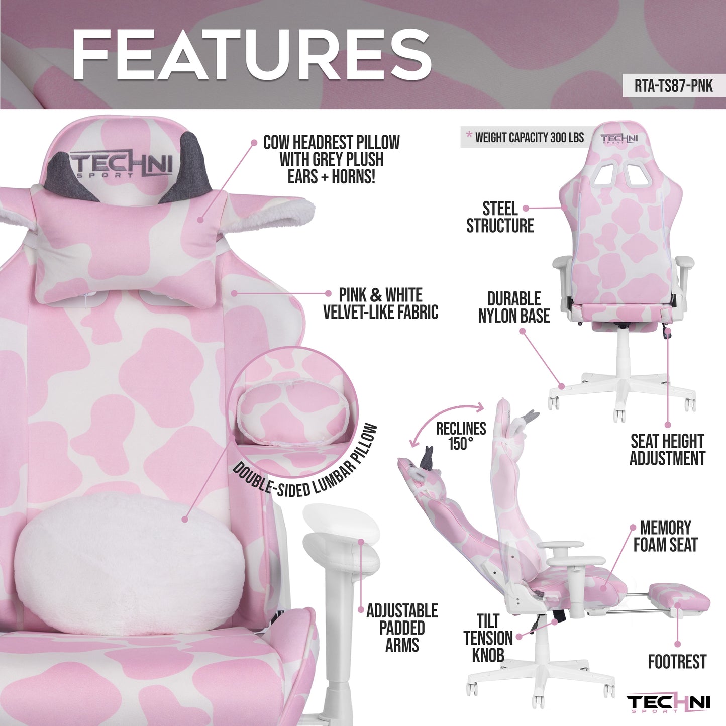 TS87 Pink COW Series Gaming Chair with Footrest