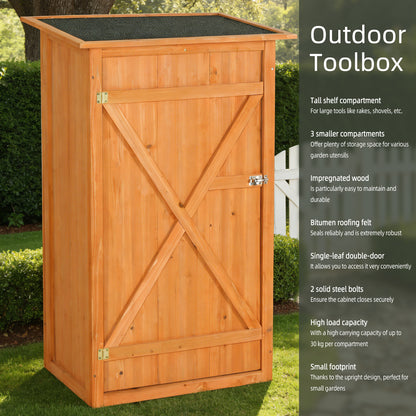 Outdoor storage shed - A wooden tool shed with a flat roof and waterproof garden storage cabinet, featuring a lockable door, suitable for terrace furniture, backyard, lawn, grassland, and farmland.