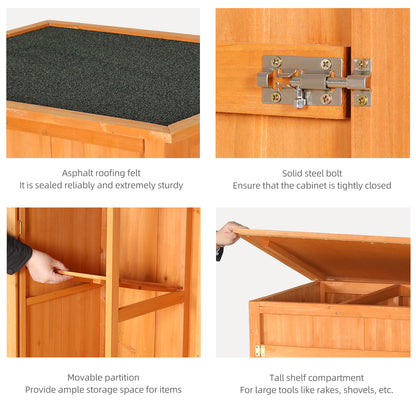 Outdoor storage shed - A wooden tool shed with a flat roof and waterproof garden storage cabinet, featuring a lockable door, suitable for terrace furniture, backyard, lawn, grassland, and farmland.