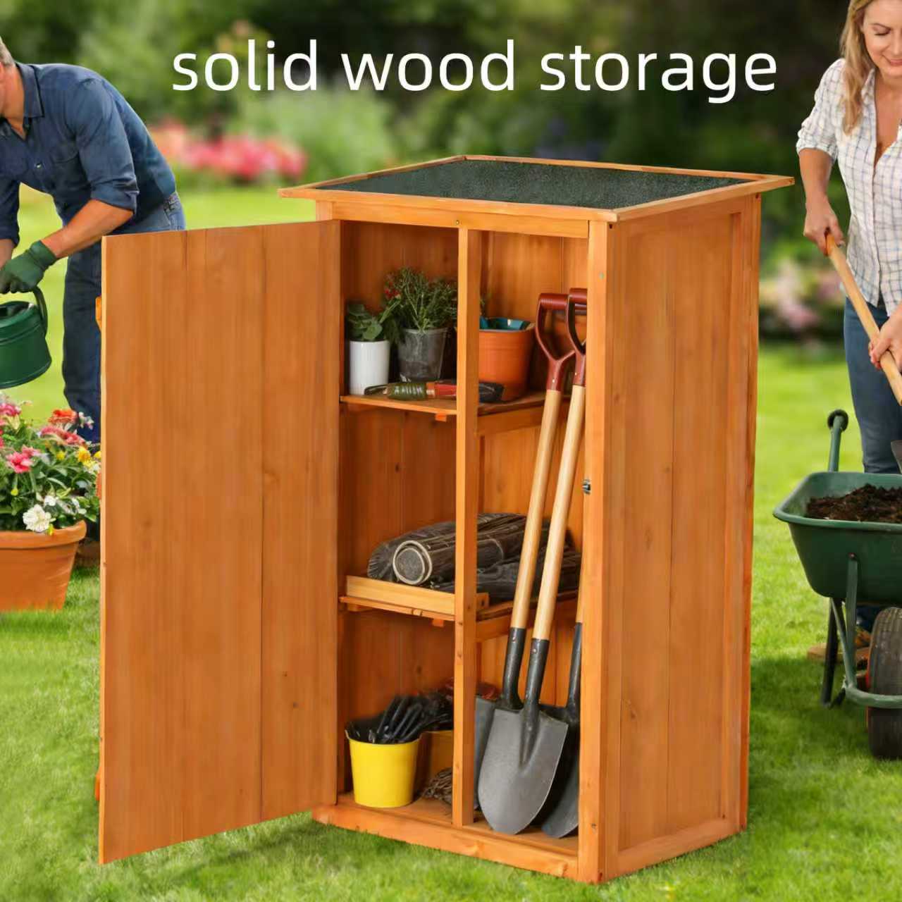 Outdoor storage shed - A wooden tool shed with a flat roof and waterproof garden storage cabinet, featuring a lockable door, suitable for terrace furniture, backyard, lawn, grassland, and farmland.