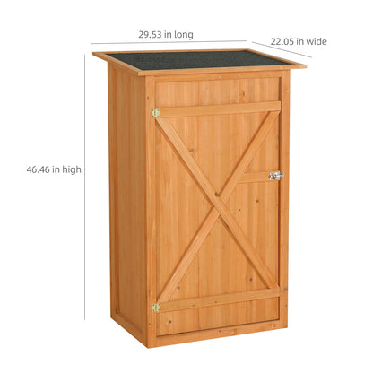 Outdoor storage shed - A wooden tool shed with a flat roof and waterproof garden storage cabinet, featuring a lockable door, suitable for terrace furniture, backyard, lawn, grassland, and farmland.