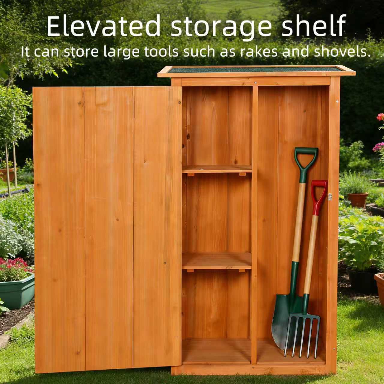 Outdoor storage shed - A wooden tool shed with a flat roof and waterproof garden storage cabinet, featuring a lockable door, suitable for terrace furniture, backyard, lawn, grassland, and farmland.
