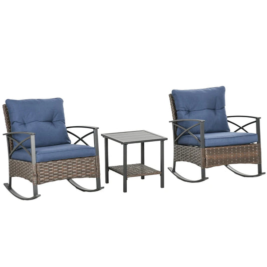 Rocking Set, Outdoor Wicker Patio Conversation Set with Rockers, Table, Cushions