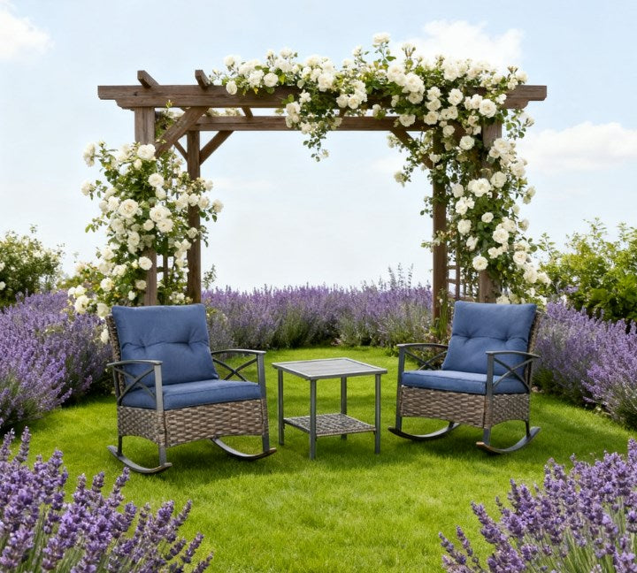 Rocking Set, Outdoor Wicker Patio Conversation Set with Rockers, Table, Cushions