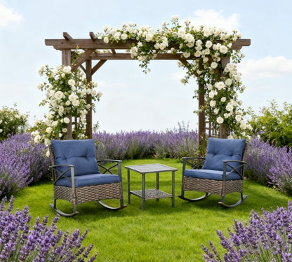 Rocking Set, Outdoor Wicker Patio Conversation Set with Rockers, Table, Cushions