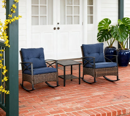 Rocking Set, Outdoor Wicker Patio Conversation Set with Rockers, Table, Cushions