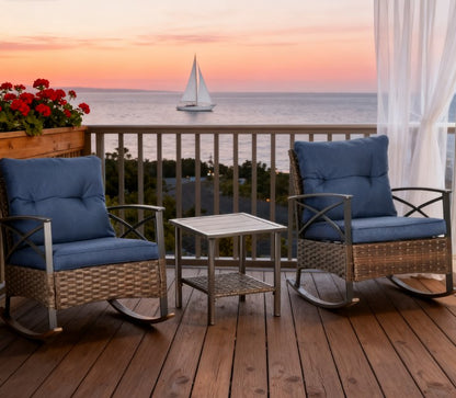 Rocking Set, Outdoor Wicker Patio Conversation Set with Rockers, Table, Cushions