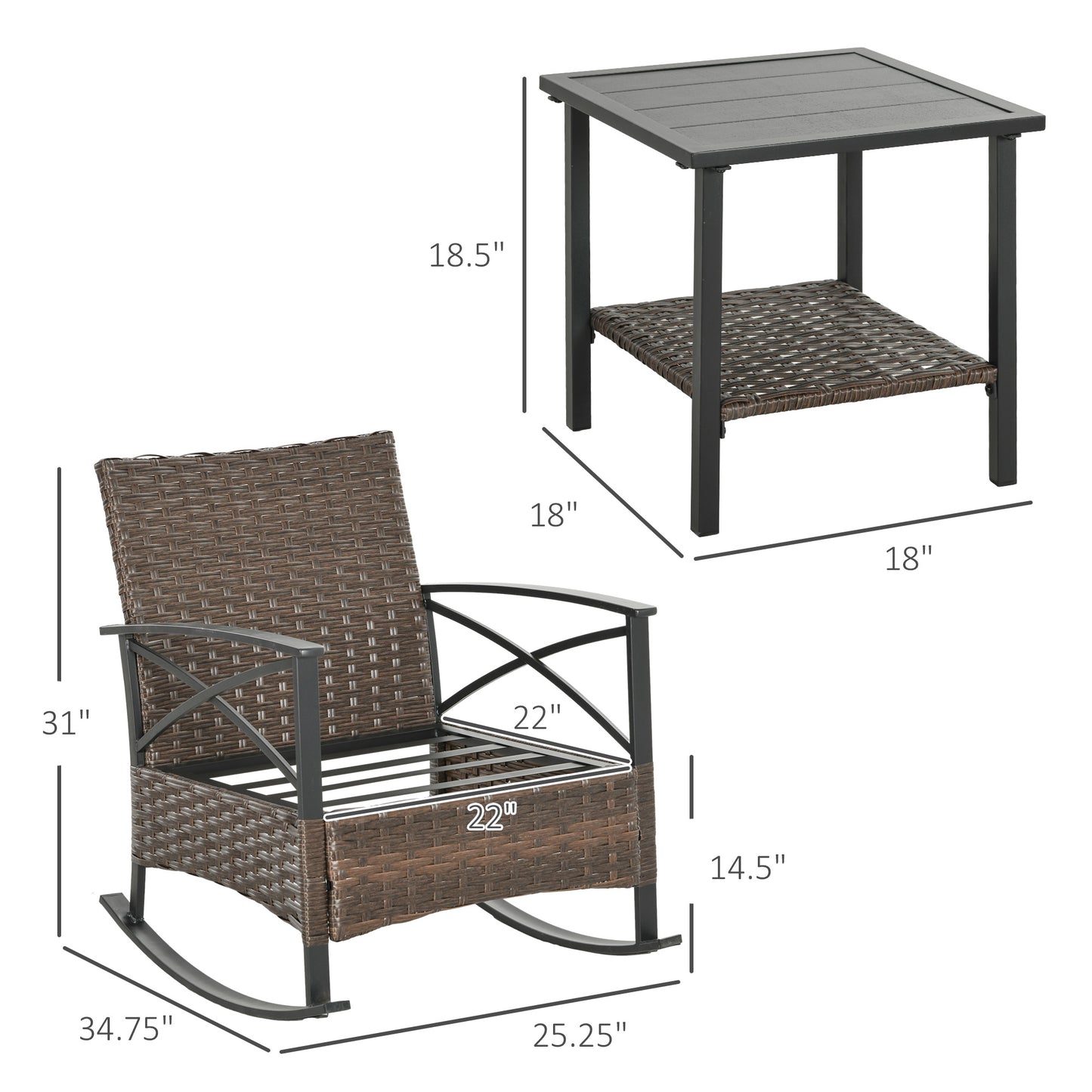 Rocking Set, Outdoor Wicker Patio Conversation Set with Rockers, Table, Cushions