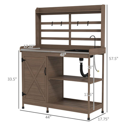 Potting Bench,Wooden Potting Bench with Storage, Sink, Water Tap