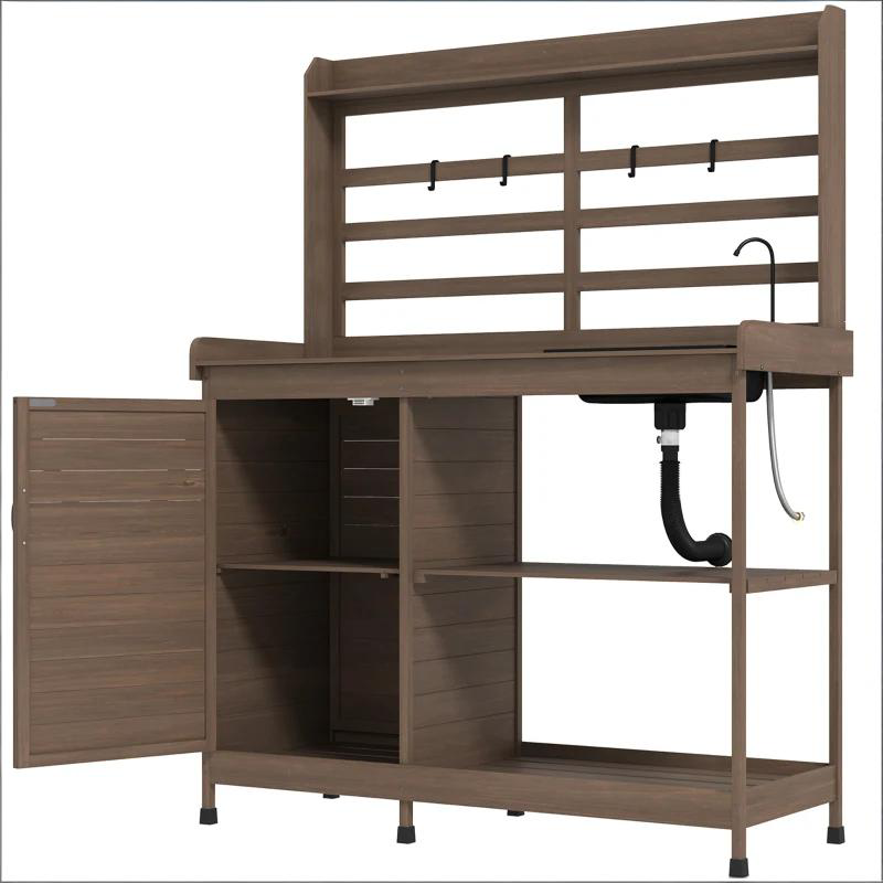 Potting Bench,Wooden Potting Bench with Storage, Sink, Water Tap
