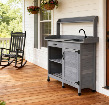 Outdoor Work Bench Table,Potting Bench Table with Sink,with Storage Cabinet,Hooks,Removable Sink,Faucet and Drawer