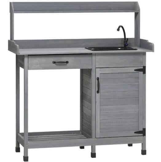 Outdoor Work Bench Table,Potting Bench Table with Sink,with Storage Cabinet,Hooks,Removable Sink,Faucet and Drawer