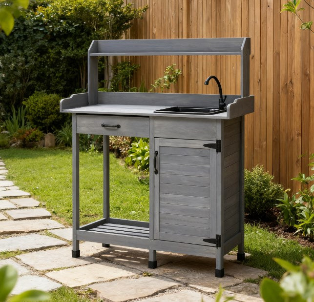 Outdoor Work Bench Table,Potting Bench Table with Sink,with Storage Cabinet,Hooks,Removable Sink,Faucet and Drawer