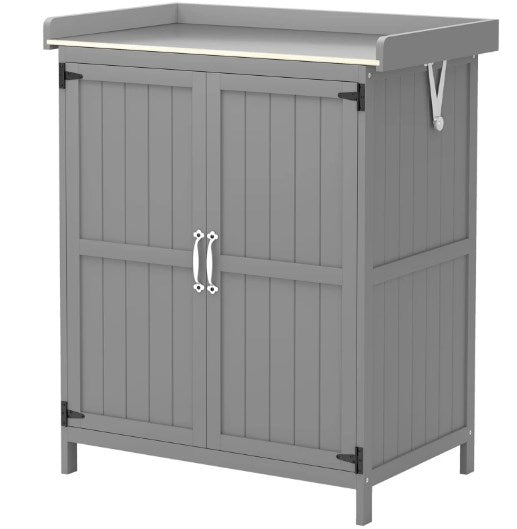 Wooden Potting Bench with 2 Doors,Outdoor Storage Cabinet,Garden Tool Shed with Metal Tabletop and Shelf