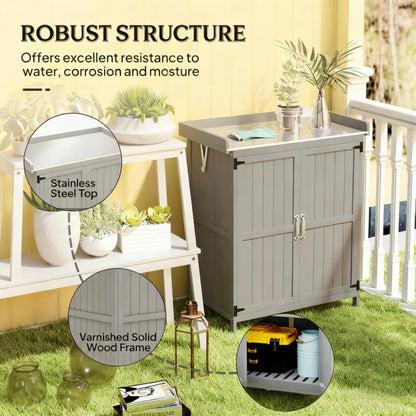 Wooden Potting Bench with 2 Doors,Outdoor Storage Cabinet,Garden Tool Shed with Metal Tabletop and Shelf