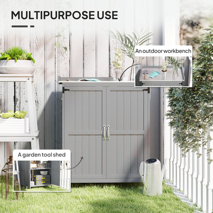 Wooden Potting Bench with 2 Doors,Outdoor Storage Cabinet,Garden Tool Shed with Metal Tabletop and Shelf