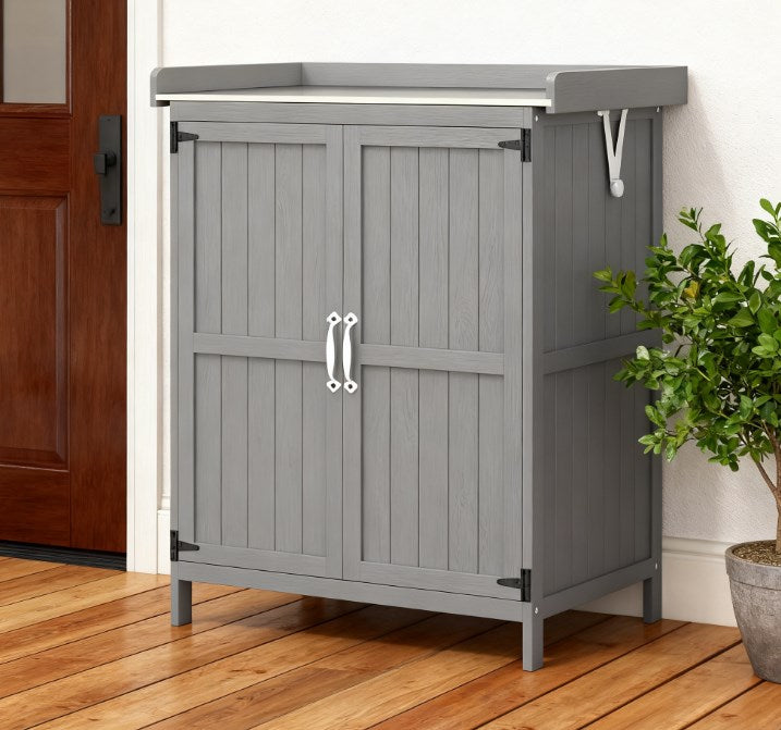 Wooden Potting Bench with 2 Doors,Outdoor Storage Cabinet,Garden Tool Shed with Metal Tabletop and Shelf