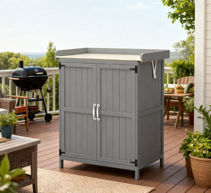 Wooden Potting Bench with 2 Doors,Outdoor Storage Cabinet,Garden Tool Shed with Metal Tabletop and Shelf