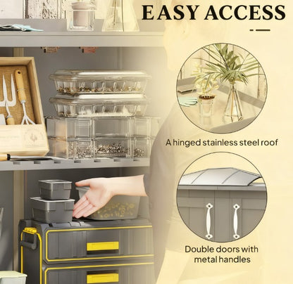 Wooden Potting Bench with 2 Doors,Outdoor Storage Cabinet,Garden Tool Shed with Metal Tabletop and Shelf