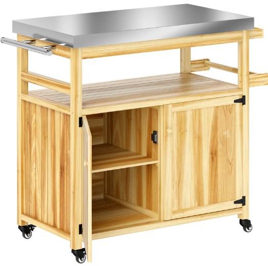 Solid Wood Outdoor Kitchen Island,Outdoor Grill Cart,with Stainless Steel Top,Wheels, Storage Cabinets