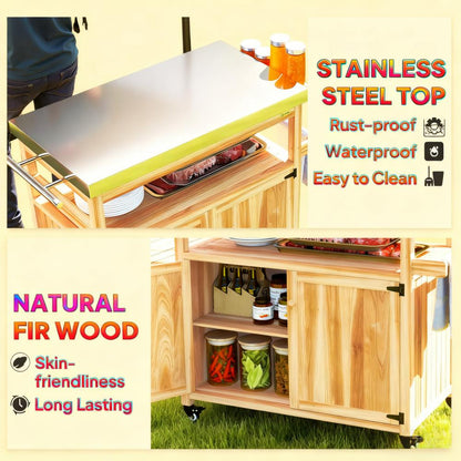 Solid Wood Outdoor Kitchen Island,Outdoor Grill Cart,with Stainless Steel Top,Wheels, Storage Cabinets