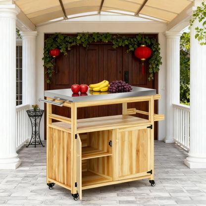 Solid Wood Outdoor Kitchen Island,Outdoor Grill Cart,with Stainless Steel Top,Wheels, Storage Cabinets