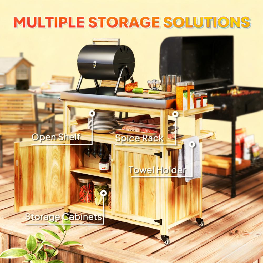 Solid Wood Outdoor Kitchen Island,Outdoor Grill Cart,with Stainless Steel Top,Wheels, Storage Cabinets