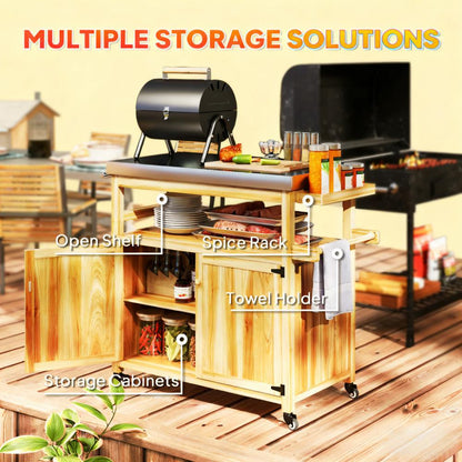 Solid Wood Outdoor Kitchen Island,Outdoor Grill Cart,with Stainless Steel Top,Wheels, Storage Cabinets