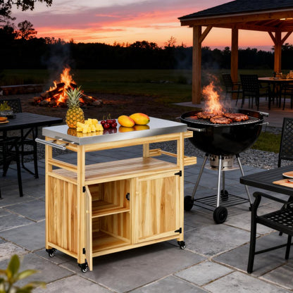 Solid Wood Outdoor Kitchen Island,Outdoor Grill Cart,with Stainless Steel Top,Wheels, Storage Cabinets