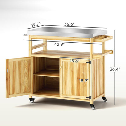 Solid Wood Outdoor Kitchen Island,Outdoor Grill Cart,with Stainless Steel Top,Wheels, Storage Cabinets